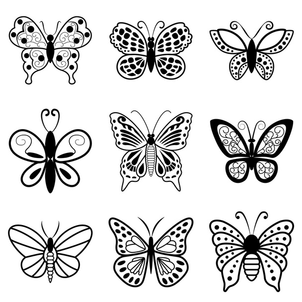 Butterflies, black silhouettes on white background - Vector, Image