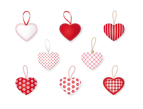 Set of vector hearts. Design elements for Valentine's day. Collection of textile handmade hearts isolated on a white background. - Вектор, зображення