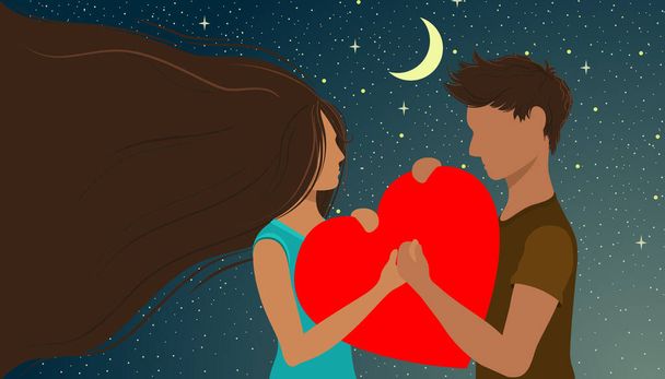 Genç bir adam ve bir kadın ellerinde bir kalp taşırlar. Gece gökyüzünün arka planına karşı. Vektör düz resimleme. - Vektör, Görsel