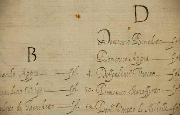 oude kalligrafie voor een alfabetisch adresboek in een gemeentelijk historisch archief. - Foto, afbeelding