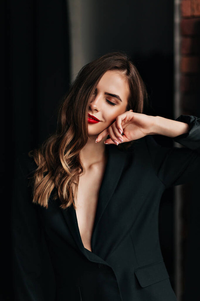 Tenderness dreamy girl with red lips posing with closed eyes and smile and preparing for valentines day - Foto, Bild