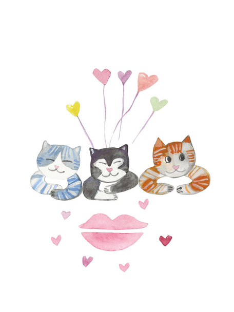 drie schattige katten met ballonnen, hartjes en lippen kussen - Foto, afbeelding