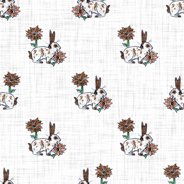 Watercolor cute spring rabbit motif background. Hand painted earthy whimsical seamless pattern. Modern linen textile for baby nursery decor. Neutral muted scandi style color bunny all over print. - Photo, Image