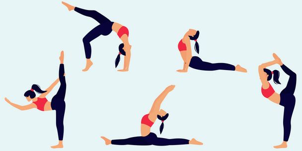 Set of 5 physical exercises. The girl performs physical exercises that are ideal for any purpose. Sports exercises, fitness training. Fitness and wellness. A healthy way of life. Vector illustration - Vector, Image