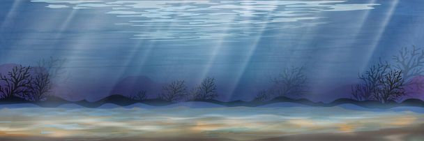 島の深い青色の波を持つ水中の海、太陽光線が輝く海のパノラマの底、サンゴのシルエット、夏の背景のための青い海とベクトル水平線の海 - ベクター画像