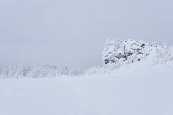 white landscape - a rocky plateau covered with deep snow under a winter sky, cell towers are visible in the distance in the fog - Photo, Image