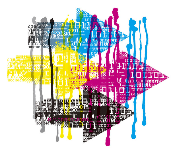 Výrazné pozadí s binárními kódy, Flowing Paint CMYK colors.Grunge stylizované šipky s binárními kódy a. Koncept pro prezentaci barevného tisku. Dostupný vektor. - Vektor, obrázek