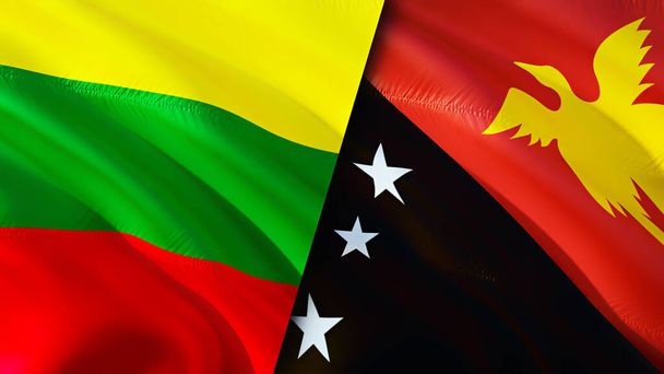 Lithuania and Papua New Guinea flags. 3D Waving flag design. Lithuania Papua New Guinea flag, picture, wallpaper. Lithuania vs Papua New Guinea image,3D rendering. Lithuania Papua New Guine - Photo, Image