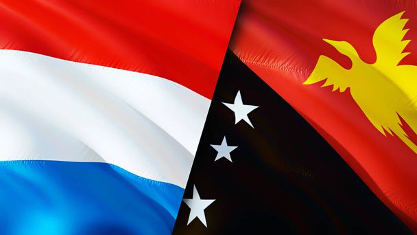 Luxembourg and Papua New Guinea flags. 3D Waving flag design. Luxembourg Papua New Guinea flag, picture, wallpaper. Luxembourg vs Papua New Guinea image,3D rendering. Luxembourg Papua New Guine - Photo, Image