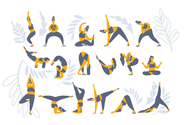 Conjunto de siluetas de yoga de colores aisladas sobre fondo blanco. conjunto de ejercicios de yoga. fitness de entrenamiento, - Vector, imagen