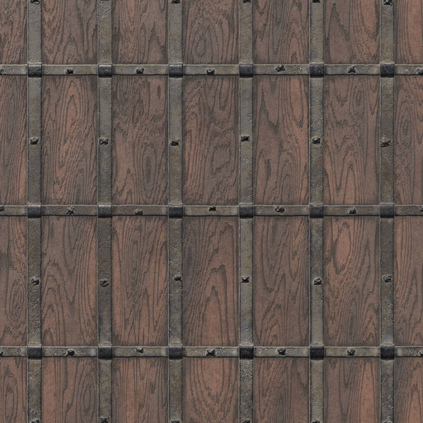 Ovet vahvistettu raudalla, lähikuva, Tausta vanhan puun niitattu raskasmetallia. 3D-renderointi - Valokuva, kuva