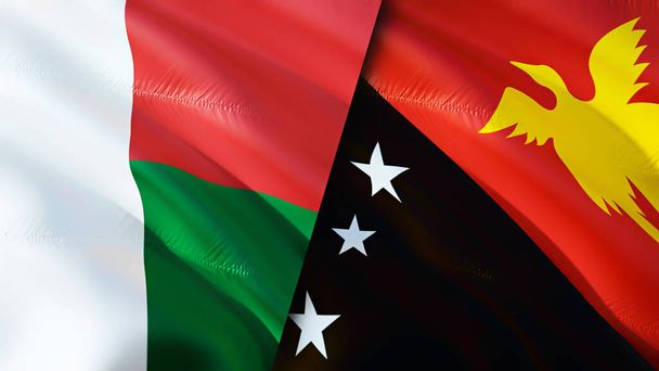 Madagascar and Papua New Guinea flags. 3D Waving flag design. Madagascar Papua New Guinea flag, picture, wallpaper. Madagascar vs Papua New Guinea image,3D rendering. Madagascar Papua New Guine - Photo, Image