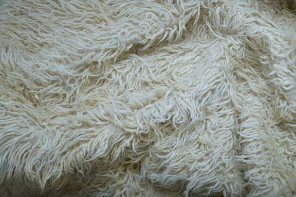 Fondo mullido acogedor en tonos crema. Lana blanca con fondo de textura superior blanca, lana de oveja natural ligera, textura de piel esponjosa, alfombra de lana blanca de fragmento de primer plano - Foto, imagen