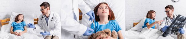 collage de pédiatre avec tablette numérique, thermomètre et radiographie près de la fille à l'hôpital, bannière - Photo, image