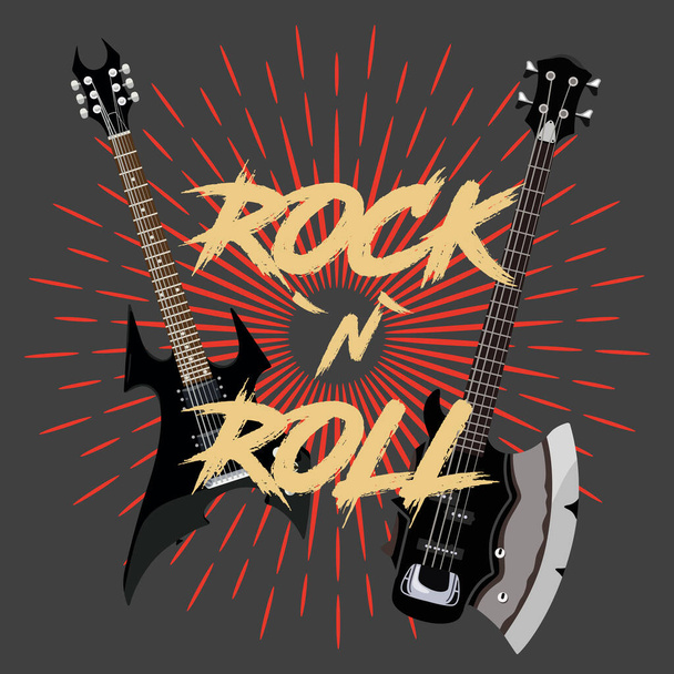 Δύο κιθάρες και η επιγραφή Rock and Roll. Ιστορικό για το φεστιβάλ ροκ - Διάνυσμα, εικόνα