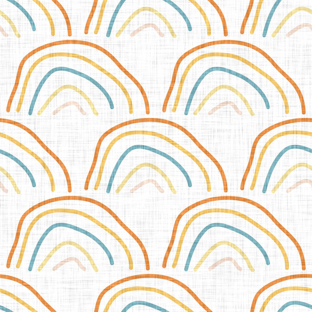 Cute rainbow scribble doodle background. Hand drawn whimsical motif seamless pattern. Naive simple crayon style for minimal baby fashion, nursery decor, unisex kid scrapbook paper. - Photo, Image