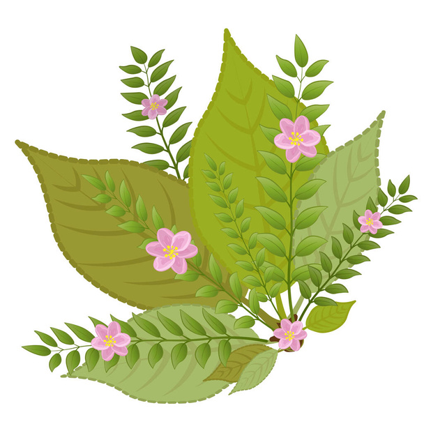 Yapraklardan bir çelenk ve küçük pembe çiçekler - Vektör, Görsel