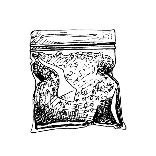 Plastikowa torba na marihuanę. Wektor czarny rocznik wylęgu ilustracji izolowane na białym tle. Do etykiet, plakatów, stron internetowych ze sklepem z konopiami - Wektor, obraz