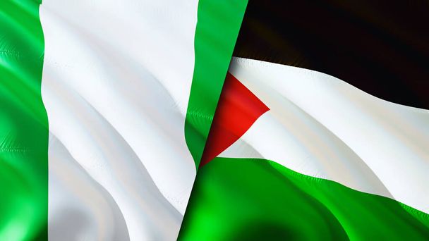 Banderas de Nigeria y Palestina. Diseño de banderas 3D Waving. Nigeria Palestina bandera, foto, fondo de pantalla. Nigeria vs Palestina imagen, representación 3D. Nigeria Palestina relaciones alianza y comercio, viajes, turismo - Foto, Imagen