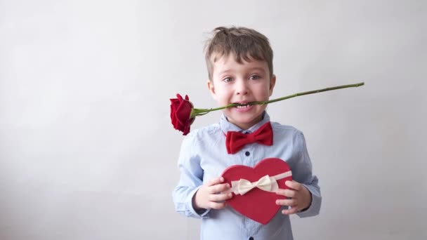 Roztomilý chlapeček v motýlku s červeným srdcem dárkovou krabičkou a růží. valentine. - Záběry, video