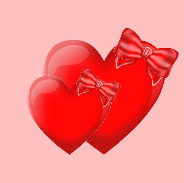 Red heart and bow on pink background. Valentine's Day. Background with heart template. Wallpapers, flyers, invitations, posters, brochures, banners. Falling in love - Foto, Bild