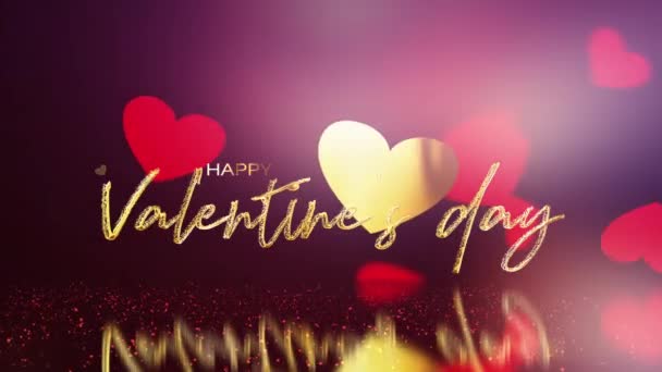 Loop-Animation Happy Valentines Day goldene Textbuchstaben mit fliegenden und rotierenden roten Herzen auf schwarzem Hintergrund mit Bodenreflexion. 4K 3D romantischer Valentinstag Gold Text Titel Gruß VDO Filmmaterial. - Filmmaterial, Video