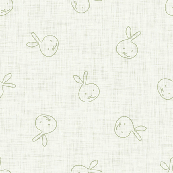 Cute bunny green scribble doodle background. Hand drawn whimsical rabbit motif seamless pattern. Naive simple character cartoon for minimal baby fashion, nursery decor, neutral unisex scrapbook paper - Photo, Image