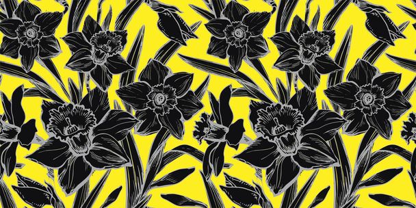 Seamless pattern from black flowers, stems, branches and leaves. - Foto, immagini