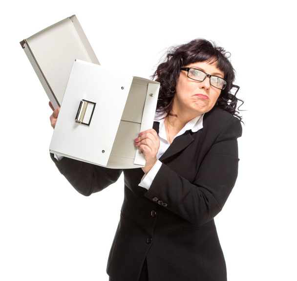 Portrait of mature woman with box, wearing glasses, looking at c - Foto, Imagem