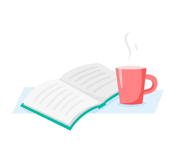 Kuppi ja kirja, lukea ja juoda kahvia tai teetä, tasainen vektori kuva - Vektori, kuva