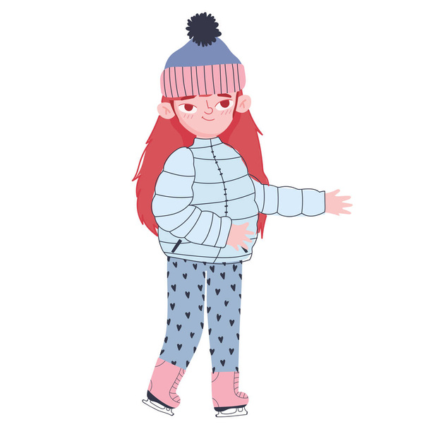 menina bonito com roupas de inverno chapéu casaco e botas desenhos animados - Vetor, Imagem