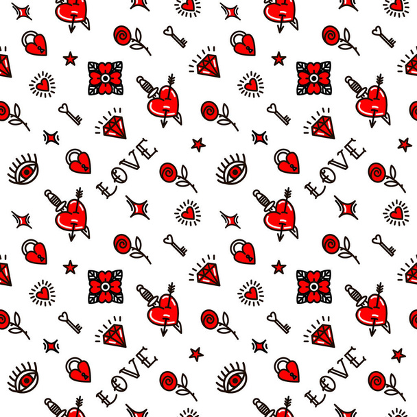 Valentinstag im Old-School-Stil nahtlose Muster. Design für Valentinstag, Stelzen, Packpapier, Verpackung, Textilien - Foto, Bild