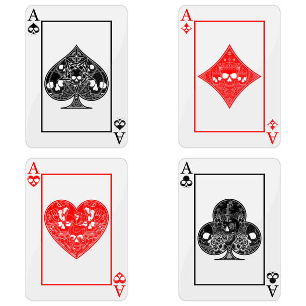 Poker karty s lebkami, symboly srdce, diamant, klub a eso s různými styly vedení. - Vektor, obrázek
