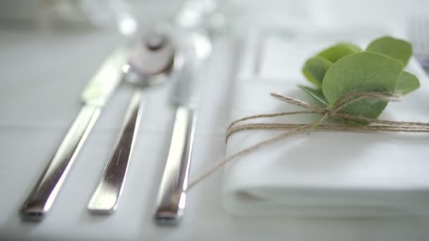 Διακοσμημένο τραπέζι για πολυτέλεια, κομψό δείπνο - Πλάνα, βίντεο