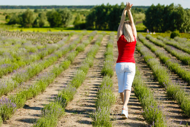Жінка стоїть з відкритими руками на лавандовому полі
 - Фото, зображення