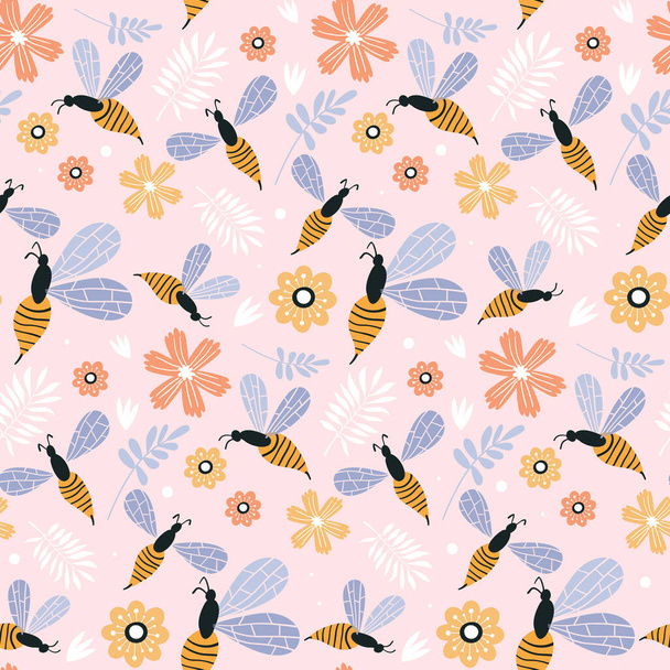 Colorful seamless pattern with bees and flowers. Summer floral repeat background. Perfect for fabric, scrap booking and wallpaper. - Vector, afbeelding