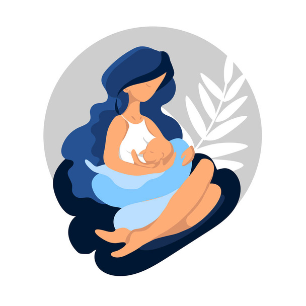 Frau stillt ihr neugeborenes Baby in Querwiege-Position. Flache Vektor-Illustration. - Vektor, Bild