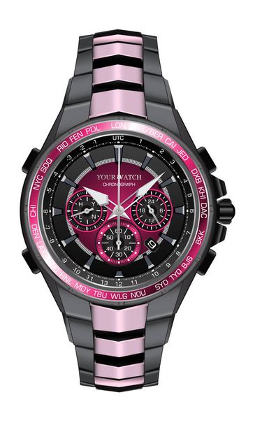 Реалістичний годинник хронограф рожевий чорний сталевий дизайн моди для чоловіків розкішна елегантність на білому тлі Векторні ілюстрації
. - Вектор, зображення