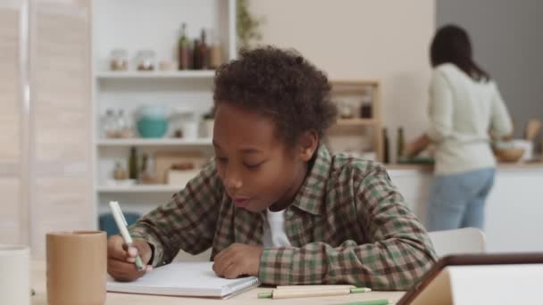 Pecho-up de niño alegre escuela africana sentado a la mesa en casa, escribiendo en el cuaderno, sonriente, madre irreconocible cocinar en el fondo, luego venir a su hijo, palmaditas en la espalda y la cabeza - Metraje, vídeo