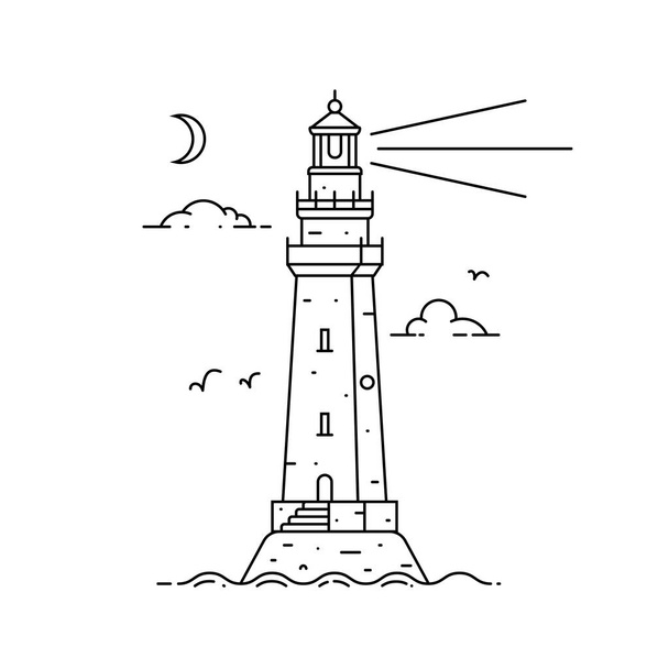 Outline lighthouse on island in sea with clouds and waves - ベクター画像