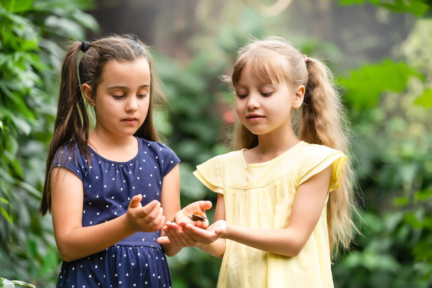 Két kishúgom pillangót tart a kezében. A gyerekek felfedezik a természetet. Családi kikapcsolódás gyerekekkel nyáron. - Fotó, kép