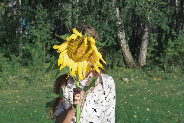 Mädchen versteckt ihr Gesicht hinter einer Sonnenblume. Sommerferienkonzept. Landleben. Leben in der Vorstadt.  - Foto, Bild