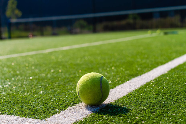 Tennis Racket on empty tennis grass court - Фото, изображение