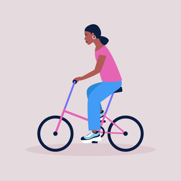 Vector illustration of woman on bicycle. Riding bike. Flat style - Vettoriali, immagini
