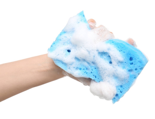 Mão feminina com esponja de banho isolada sobre fundo branco - Foto, Imagem