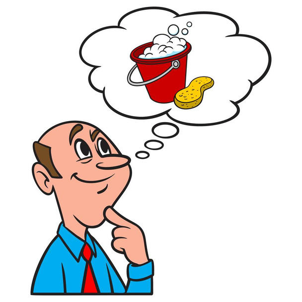 Thinking about a Car Wash - A cartoon illustration of a man thinking about a Car Wash benefit.  - Vector, Image