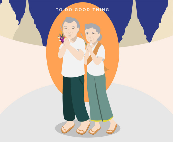 Старенька пара йде до бурі в буддистський день, щоб зробити релігійну діяльність, гуляючи навколо храму.. - Вектор, зображення