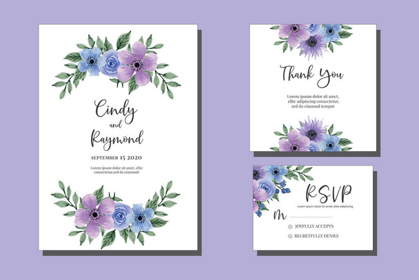 Conjunto de marco de invitación de boda, acuarela floral dibujada a mano Diseño de flores Plantilla de tarjeta de invitación en fondo púrpura - Vector, Imagen
