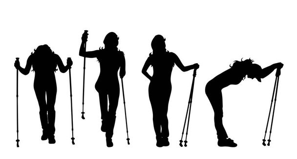 Vector silhouette of woman who sport with nordic walking on white background. - Vector, Image