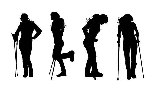 Silueta vectorial de mujer que camina con muletas sobre fondo blanco. Símbolo de lesión. - Vector, imagen